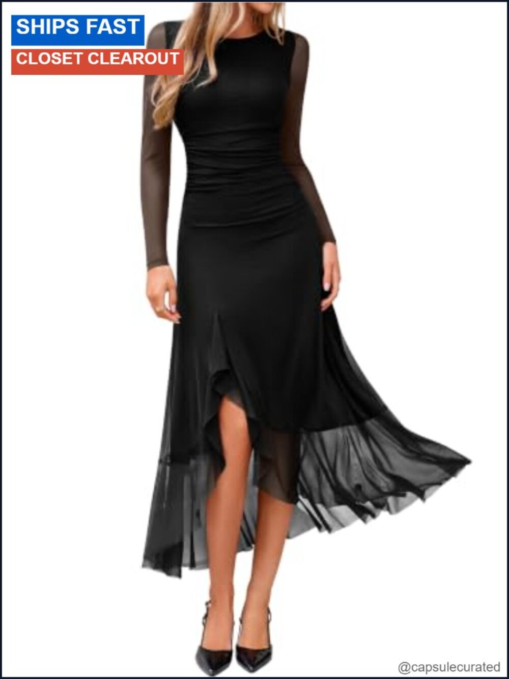 Long Sleeve Mesh Midi Dress Ruched Waist Ruffle Hem Slit Bodycon